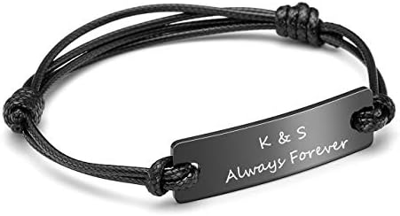 Sunligoo Personalized Custom Engraving ID Bracelet Stainless Steel Couples Bracelets with Black Leather Rope Adjustable - Customized