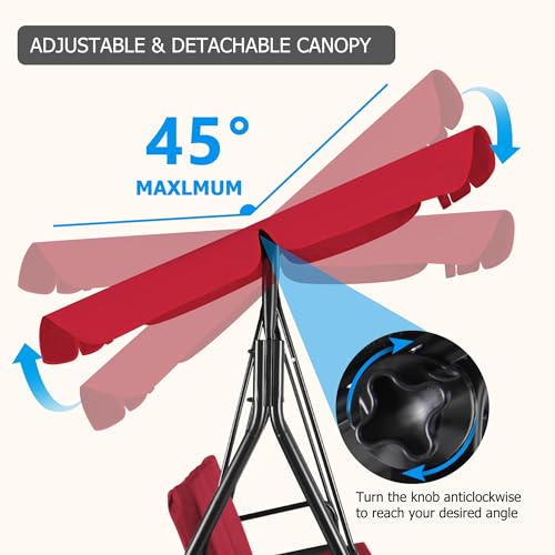 Image of GARTOO 3-Seat Patio Swing Chair, Outdoor Porch Swing with Adjustable Canopy and Durable Steel Frame for Patio, Garden, Poolside(Red)