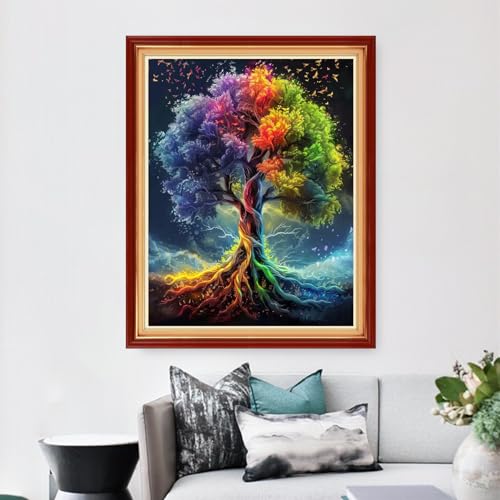 Image of Dimensean Stamped Cross Stitch Kits Full Range of Embroidery Patterns Starter Kits for Beginners Adult DIY Cross Stitches Needlepoint Kits 11CT- Colorful Tree 16x20 inch