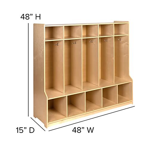 Flash Furniture Hercules Wooden 5-Section School Coat Locker with Bench, Cubbies, and Storage Hooks, Preschool Cubby Organizer, 48"H x 48"L, Natural - Image 6