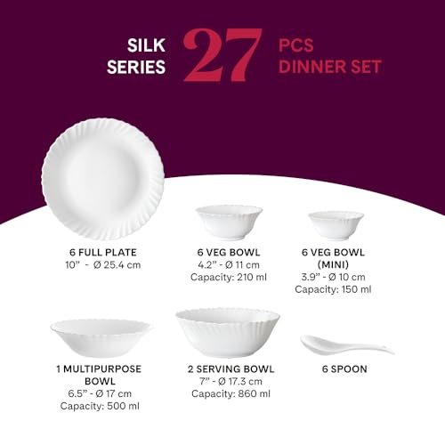 Image of Larah by Borosil Silk Series Blue Iris Opalware Dinner Set | 27 Pieces for Family of 6 | Microwave & Dishwasher Safe | Bone-Ash Free | Crockery Set for Dining & Gifting | Plates & Bowls | White