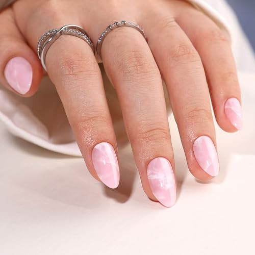 RTKHFZE Press on Nails Short-Pink Marble Press On Nails Almond,Sh...