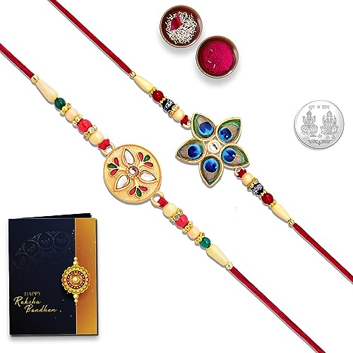 Image of Oblivion Rakhi Combo Set for Brother & Bhabhi - Multi-Colour Festival Gift with 2 Rakhis, Tilak Set, Pooja Coin & Greeting Card