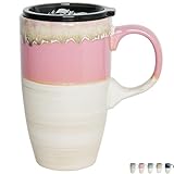 Bosmarlin Ceramic Travel Coffee Mug with Handle and Lid, 18 oz, Portable Coffee Cup for Car Cup Holder, Microwave and Dishwasher Safe, Reactive Glaze (Pink)