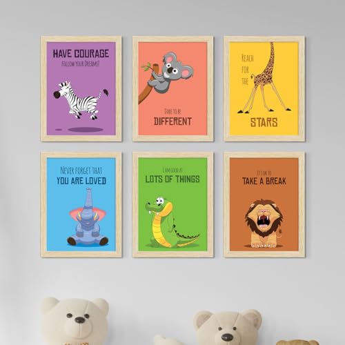 Image of ArtX Paper Cartoon Animals Motivational Quotes Wall Paintings For Kids Room, Funny Animals Kids Room Wall Frame, Decoration, A4 Size, Multicolor, Synthetic Wood, Set Of 6