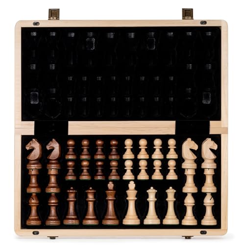 A&A 15" Folding Wooden Chess & Checkers Set (2 in 1) w/ 3" King Height Chess Pieces / 2 Extra Queen / German Knight Staunton Wooden Chessmen / Beech Box w/ Walnut & Maple Inlay / Classic Board Game
