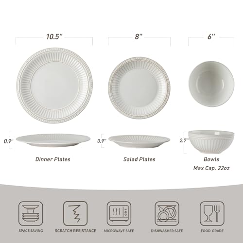 Image of Famiware Garden 12-Piece Embossed Plates and Bowls Sets, Stoneware Reactive Glaze Dishes Dinnerware Set, Modern Rustic, Chip & Scratch Resistant, Microwave & Dishwasher Safe, Service for 4, White