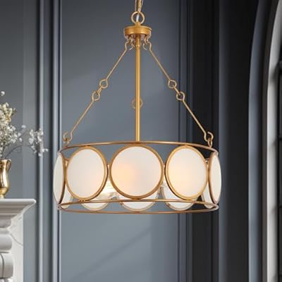 KSANA Gold Chandelier 3-Light, Drum Pendant Light Fixtures, Modern Farmhouse Dining Room Light Fixture, Adjustable E26 Hanging Pendant Lighting for Kitchen Island, Living Room, Entryway