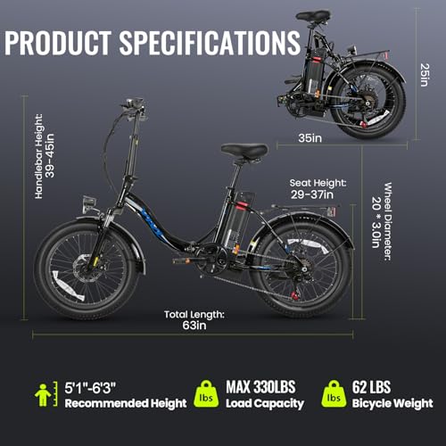 Vivi MT20UL Foldable Electric Bike 20" x3.0 Fat Tire Electric Bike with 48V 499.2WH Removable Battery, 750W, Up to 50 Miles EBike, 7-Speed, 19.8MPH, Cruise Control, SGS Certified to UL2849 - Image 5