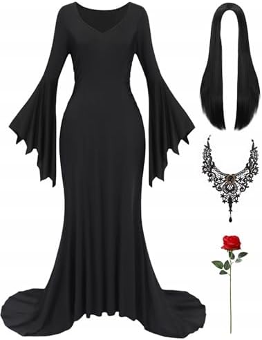 Halloween Costume Women Adult Long Black Dress with Gothic Necklace Wig Retro Black Gothic Dress for Costume Cosplay