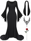 RAAIBB Adult Halloween Costume for Morticia Addams Costume Women Long Black Dress with Gothic Necklace Long Wig Rose Flower Retro Black Gothic Dress for Costume RA064M