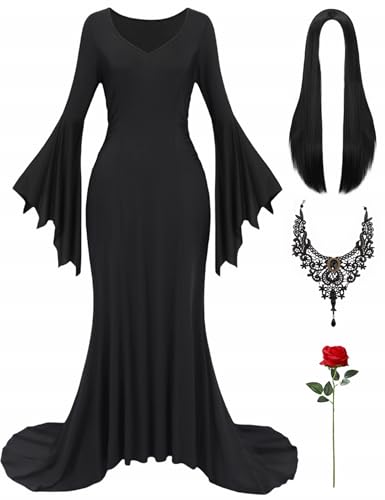 Halloween Costume Women Adult Long Black Dress with Gothic Necklace Wig Retro Black Gothic Dress for Costume Cosplay