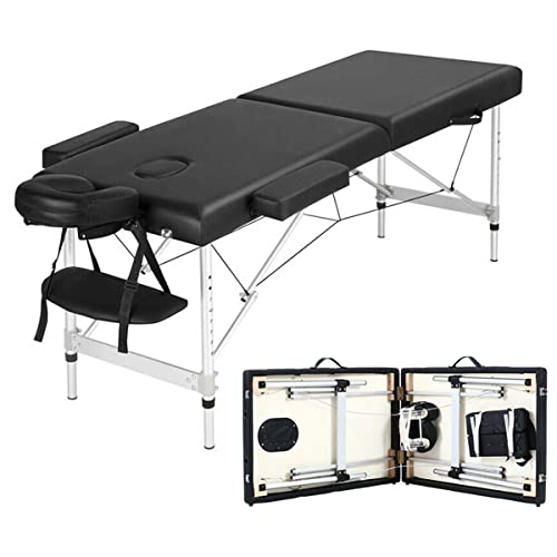 Cama de masaje móvil plegable con 2 zonas de altura ajustable de aluminio, banco cosmético, banco de masaje portátil (hasta 230 kg), color negro Cover