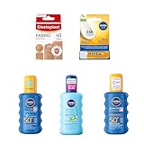 NIVEA Summer Bundle (5 products), Extra Flexible Fabric Plasters 40 pc, Lip Balm Factor 50, After Sun Spray, Protect & Moisture Sunscreen SPF 50+, Kids SPF 50+ Suncream Spray