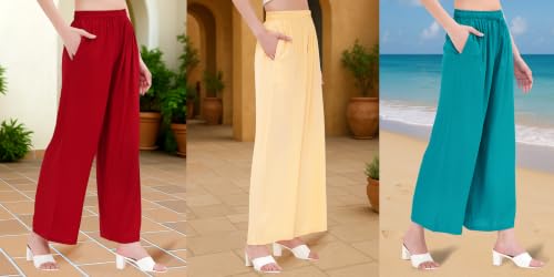 Image of Buy That Trendz Palazzo Pants for Women Rayon Elasticated Regular Fit Flared Wide Leg M to 6XL Pack of 3