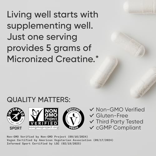 Sports Research® Creatine Monohydrate Capsules - Supports Workout Recovery, Lean Muscle gain, Performance and Strength* - Non-GMO, Vegan Certified - 5g per Servings - 30 Servings - Image 5
