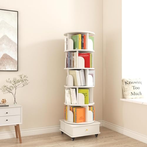 Bibliothèque Tournante à 360° Avec Roulettes - 3 Étages - Dimensions 40x40x115 Cm - Rangement Enfant/Adulte - Multifonction