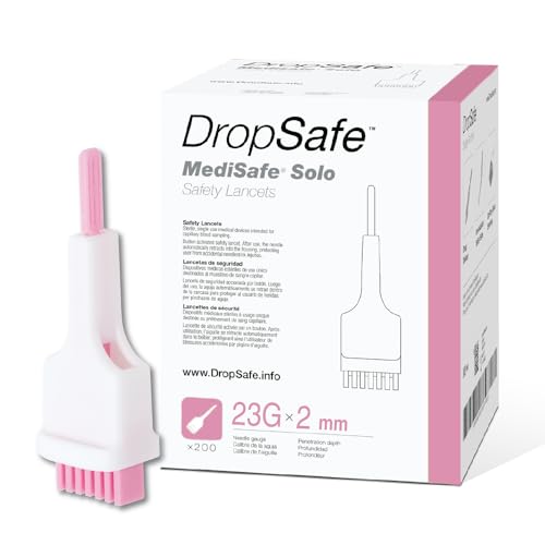 Dropsafe MediSafe Solo Safety Lancet, 23 Gauge, 2mm, Top Push Button Activated for Blood Sampling, Normal Flow, Sterile, Single-Use, 200ct Box