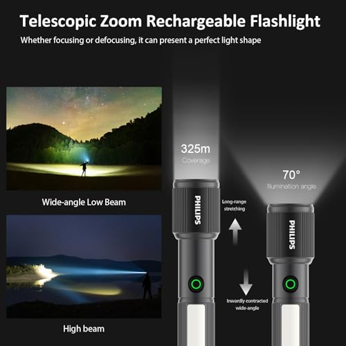 Image of Philips Torch Rechargeable, 7W Magnetic Torch & Side Bright Light, 330 Lumens Emergency Flashlight, 325M Coverage, 2000mAh Battery, Telescopic Zoom, Lightweight Flash Light for Home, Camping, Hiking