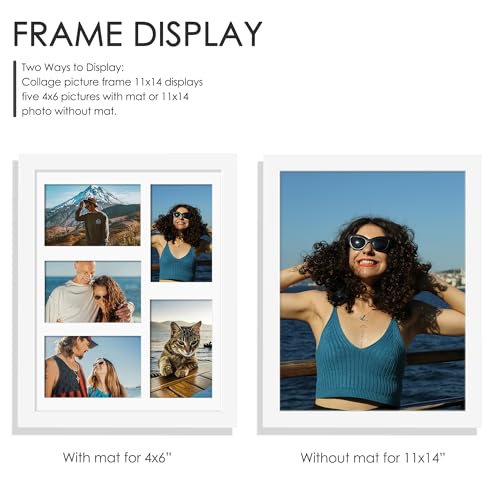 Image of DUENPY 11x14 Collage Picture Frame, 4x6 Collage Picture Frame, Displays Five 4x6 inch Photos, or 11x14 (Without Mat) Wall Decor Wall Hanging or Tabletop, White.
