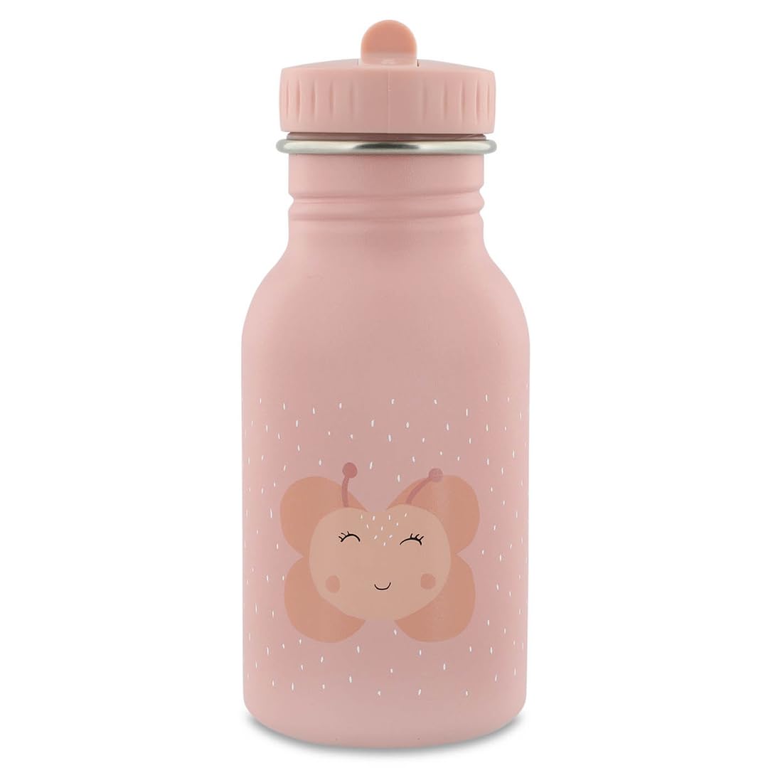 Trixie Baby stainless steel drinking bottle, 350ml/500ml, leak-proof, with carrying cord, slim shape for little hands, shatterproof, from 3 years (Mrs Butterfly, 350ml)