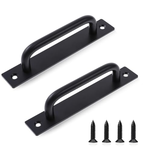 Image of 2 Pack Barn Door Handles Black 5 inch Hole 5.82 Inch Long Center Gate Handle Zinc Alloy Cabinet Handles Door with Plate Black Sliding Doors Handle for Kitchen Bathroom Closet Cabinet Pocket Doors