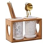 Juego de utensilios de bambú – Organizador de cubiertos de cerámica con bandeja de drenaje para organizar cucharas, tenedores y cuchillos – Almacenamiento de encimera de cocina de 3 piezas