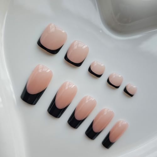 Image of 48 Pcs Black Press on Nails Medium & Press on Toenails Set Square Glue on Nail French Tip Fake Nails Artificial Acrylic Full Cover Stick on Toe Nails Glossy False Nail for Women Summer Manicure