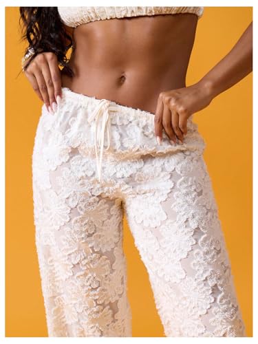 Women's Floral Textured Lace Pants Y2k Sheer Mesh Drawstring Waist Wide Leg Lounge Pants Casual4