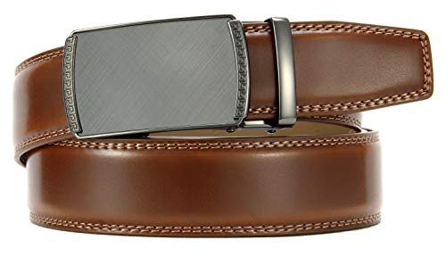 Image of Chaoren Leather Ratchet Belt 2 Pack Dress with Click Sliding Buckle 1 3 /8 inch in Gift Set Box - Adjustable Trim to Fit