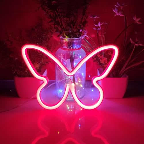 Image of JYWJ Butterfly Neon Sign,USB or 3-AA Battery Powered Neon Light,LED Table Decoration,Bedroom Wall Decoration,Birthday Gift,Wedding Supplies Business Gift(Red)
