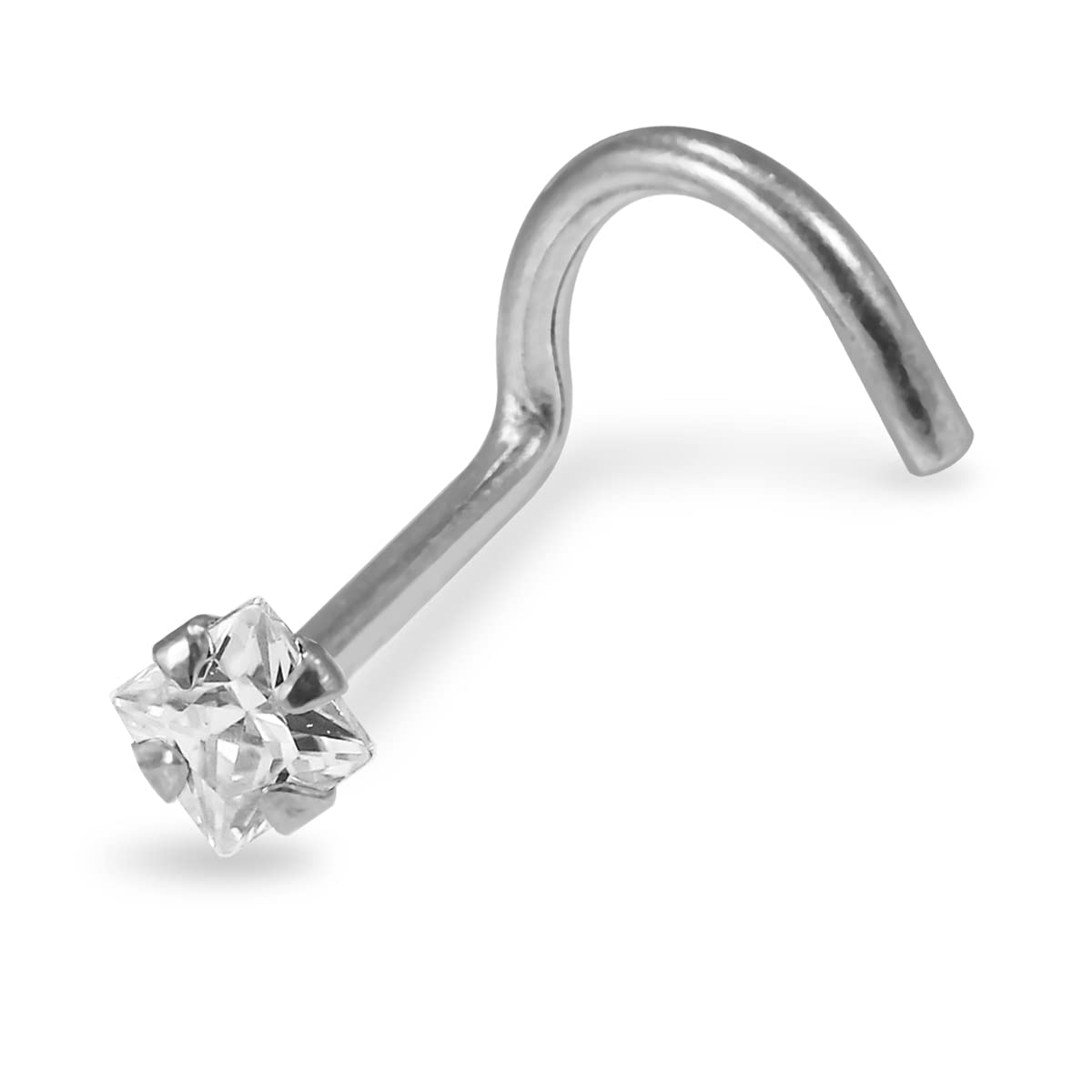 AZARIO LONDONJuego de garras de oro blanco macizo de 14 quilates de 2 mm con circonita cúbica cuadrada de calibre 20 para nariz, Oro blanco, piedra, Circonia cúbica