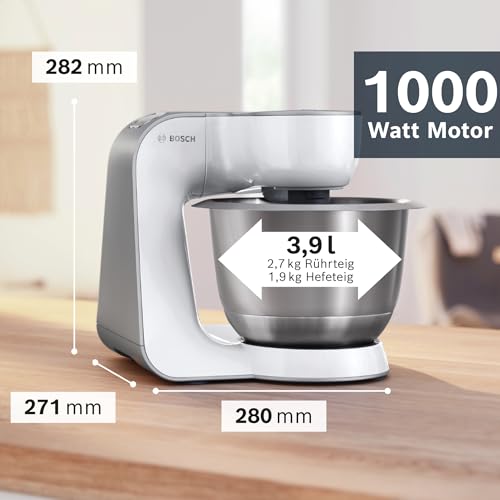 Bosch Küchenmaschine Serie 4, Knethaken, Rühr- & Schneebesen Edelstahl, Edelstahlschüssel spülmaschinenfest, 3D Rührsystem, weiß/silber, MUM58200