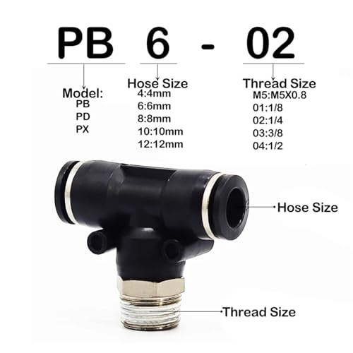 Conector rápido de tráquea PB de tres vías en forma de T negro de 4mm a 12mm 3