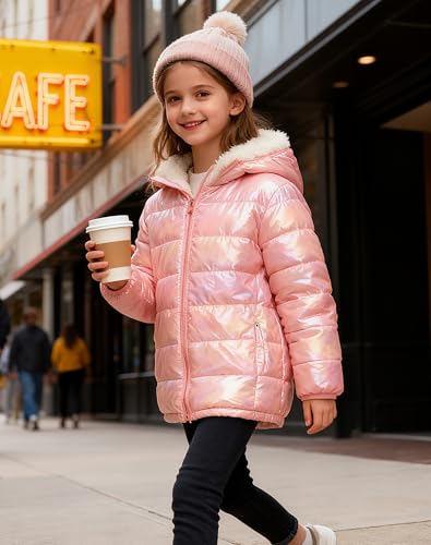 Image of Lovekider 4-12 Years Girls Hooded Puffer Jacket Warmth Padded Winter Coat | Metallic Shine Fabric, Fleece Lining, Windproof, Water Resistant, Keep Warm, Down Alternative, for Cold Weather