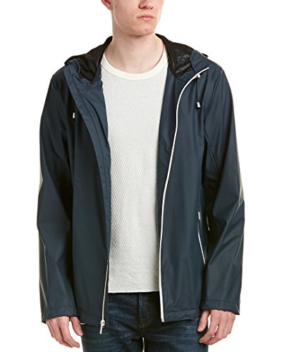 Cole Haan Men's Rubberized Seam Sealed Hooded Rain Jacket, Navy, Large