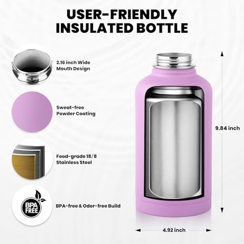 Image of RAYMYLO Insulated Water Bottle 64 oz, Triple Wall Vacuum Stainless Steel (Cold for 48 Hrs), Leak Proof & Non-BPA, Half Gallon Water Flask Jug with Paracord Handle & Straw Spout Lids, Lilac