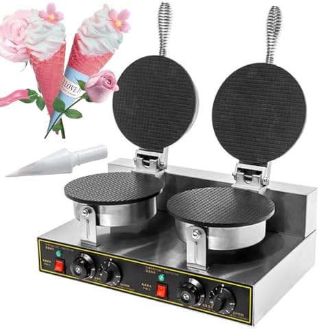 Waffle Cone Maker, Electric Ice Cream Cone Machine with Dual-Sided Heating, Adjustable Thermostat 50-250 C & Timer, Professional Wafer Maker for Desserts