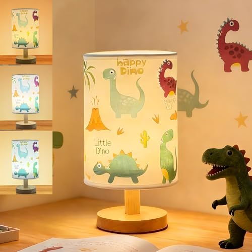 Dinosaur Kids Table Lamp 3 Color Dimmable Bedside Nightstand Night Light with Cartoon Lampshade Cute LED Desk Lamp for Boys Girls Bedroom Nursery Dino Decor Dinosaur Birthday Gift for Toddler Boy