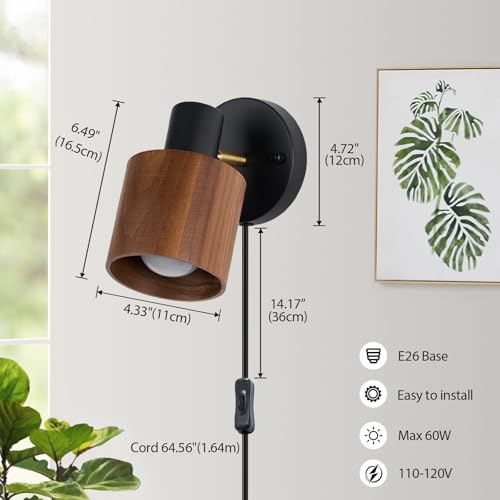 Image of Modern Black Plug-in Wall Lamp | Real Walnut Wood Shade, Adjustable Directional Lighting, Industrial Wall Sconce, For Bedroom, Living Room, Home Office