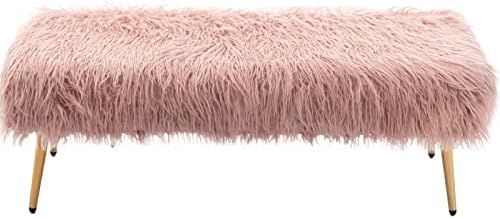 Singoulity Pink Fur Bench for Bedroom, Faux Furry Ottoman Bench, Modern Furniture Vanity Bench for Living Room Bedroom (Pink)