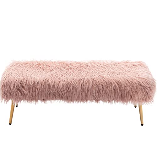 Singoulity Pink Fur Bench For Bedroom, Faux Furry Ottoman Bench, Modern Furniture Vanity Bench For Living Room Bedroom (Pink) #TOP27