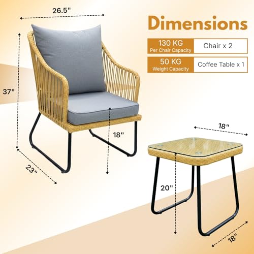 Image of DEVOKO 3-Piece Patio Furniture Set Handwoven Wicker Chairs with Waterproof Cushions,Glass Top Coffee Table Perfect Porch Bistro Set for Backyard, Garden, and Deck