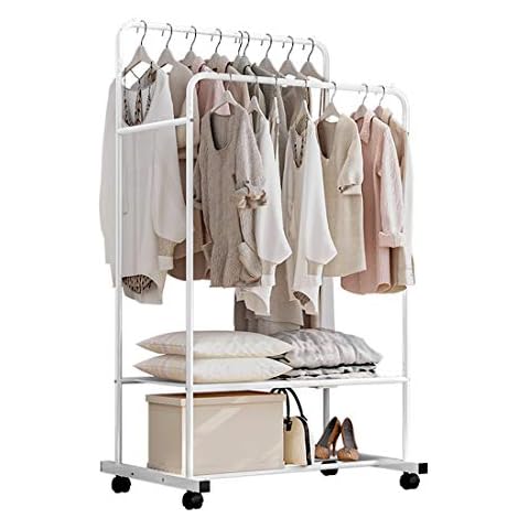 Isyunen Clothes Rails Garment Rack with Wheels Double Clothes Rail Coat Clothing Rails with Double Shelf (White) Cover