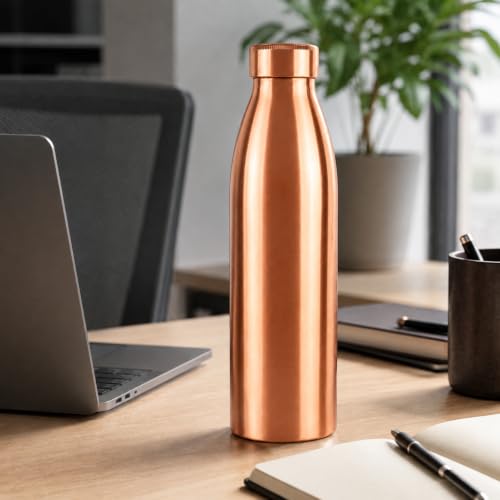 Image of Pure Copper Water Bottle 32 Oz Ayurvedic Drinking Bottle with Wide Mouth and Brush, Leak Proof Reusable Metal Bottle for Home Office Gym Travel, Red Brown Finish