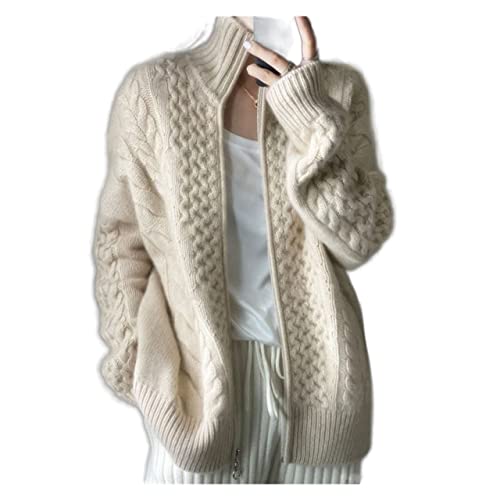 VATIVA Femme 100% cachemire lâche mince fermeture éclair pull épais col haut cachemire tricoté cardigan (couleur : écru, taille : L)
