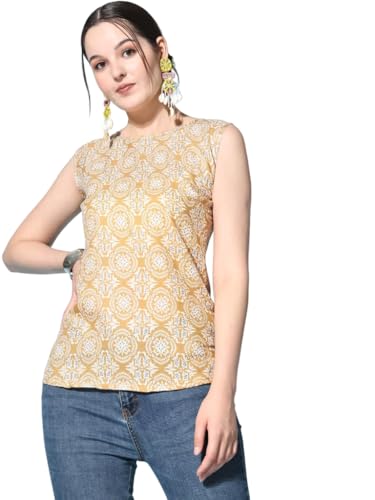 Image of Sleeveless Kurti for Women Pure Cotton Stylish Round Neck Printed Ethnic Short Kurti Jeans Top Casual Office