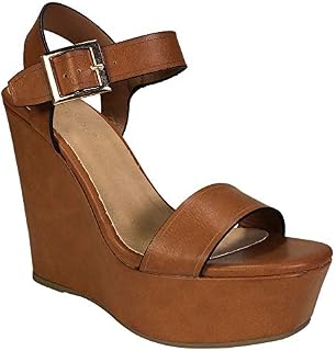 BAMBOO Women's Single Band Wedge Platform Sandal with Quarter Strap, Tan PU, 8.5