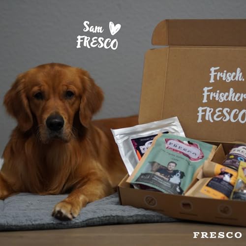 FRESCO Dog Feinschmeckerbox Geflügel - Geschenkbox für Hunde mit Snacks, Kaustangen und BARF-Menüs - 100% natürlich und getreidefrei - Leckerlis und Hundefutter für alle Rassen (300g, Geflügelfleisch)