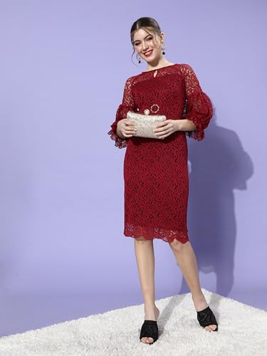 Image of Miss Chase Womens Bodycon Square Puff Sleeve Solid Lace Overlaid Ankle Length Dress